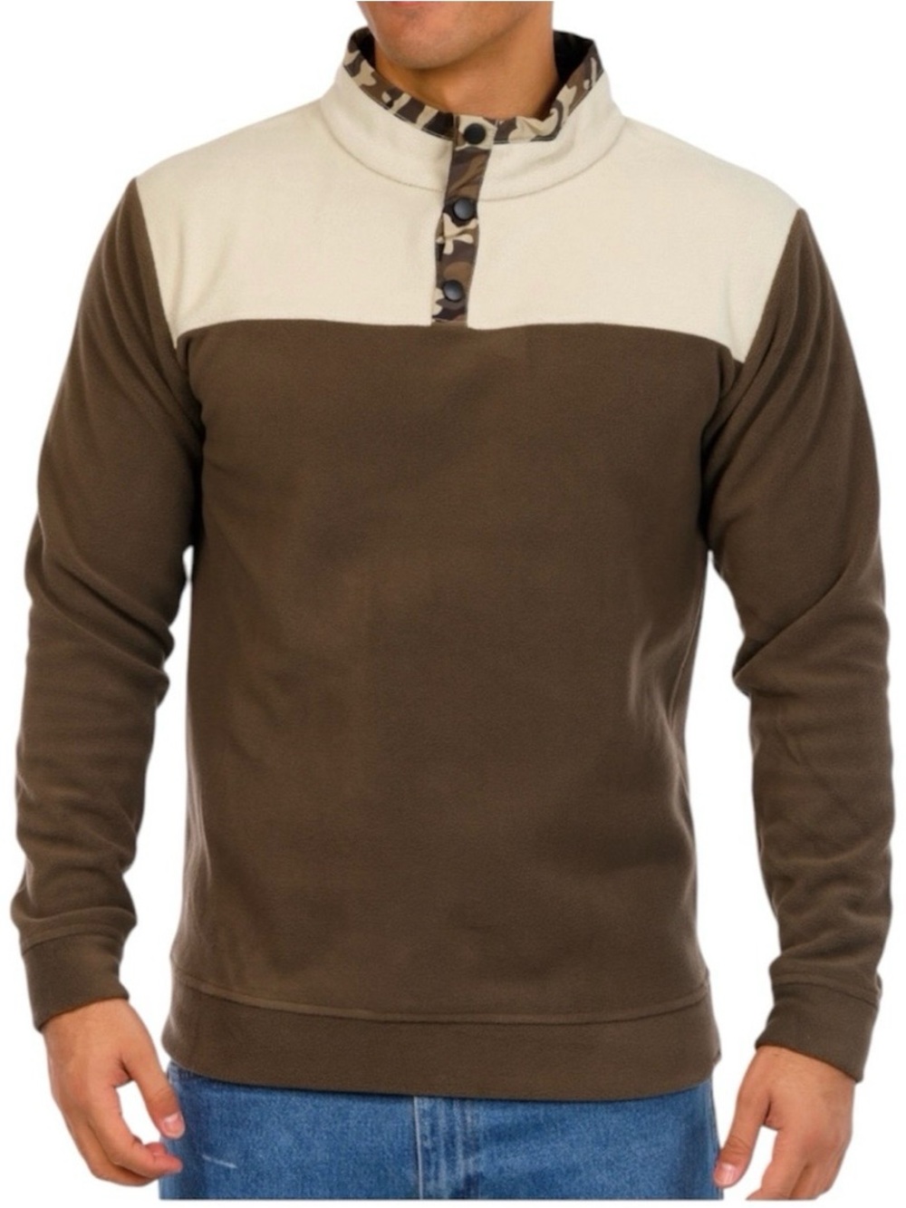 Habit Men’s Fleece Colorblock Mock Neck Pullover Sweatshirt in Brown and Cream